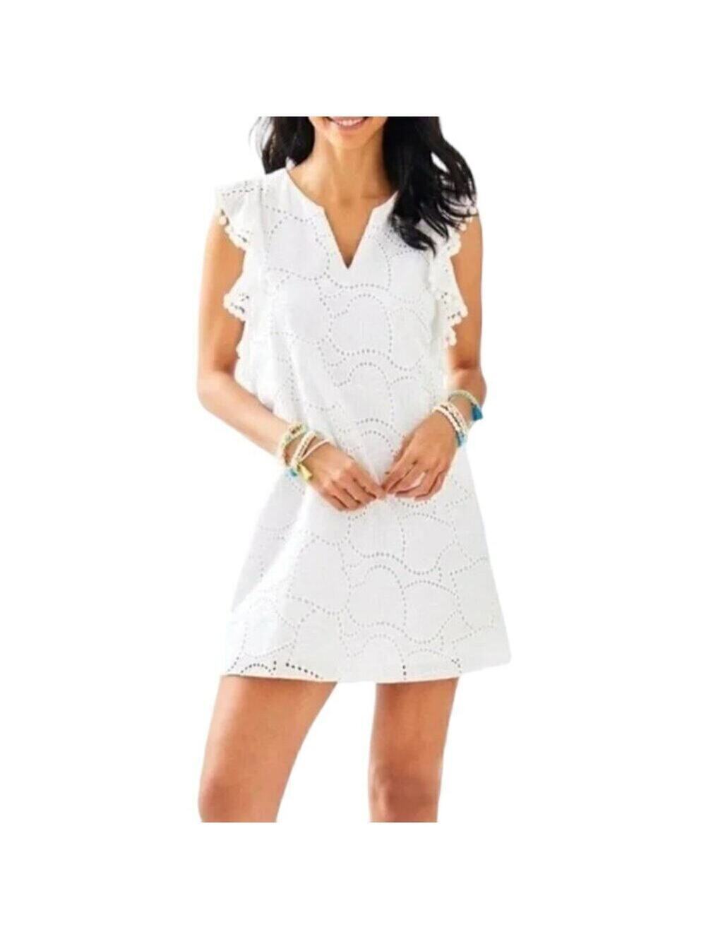 Lilly Pulitzer White Leaf Eyelet Pompom Trim Sleeveless Astara Resort Dress XS